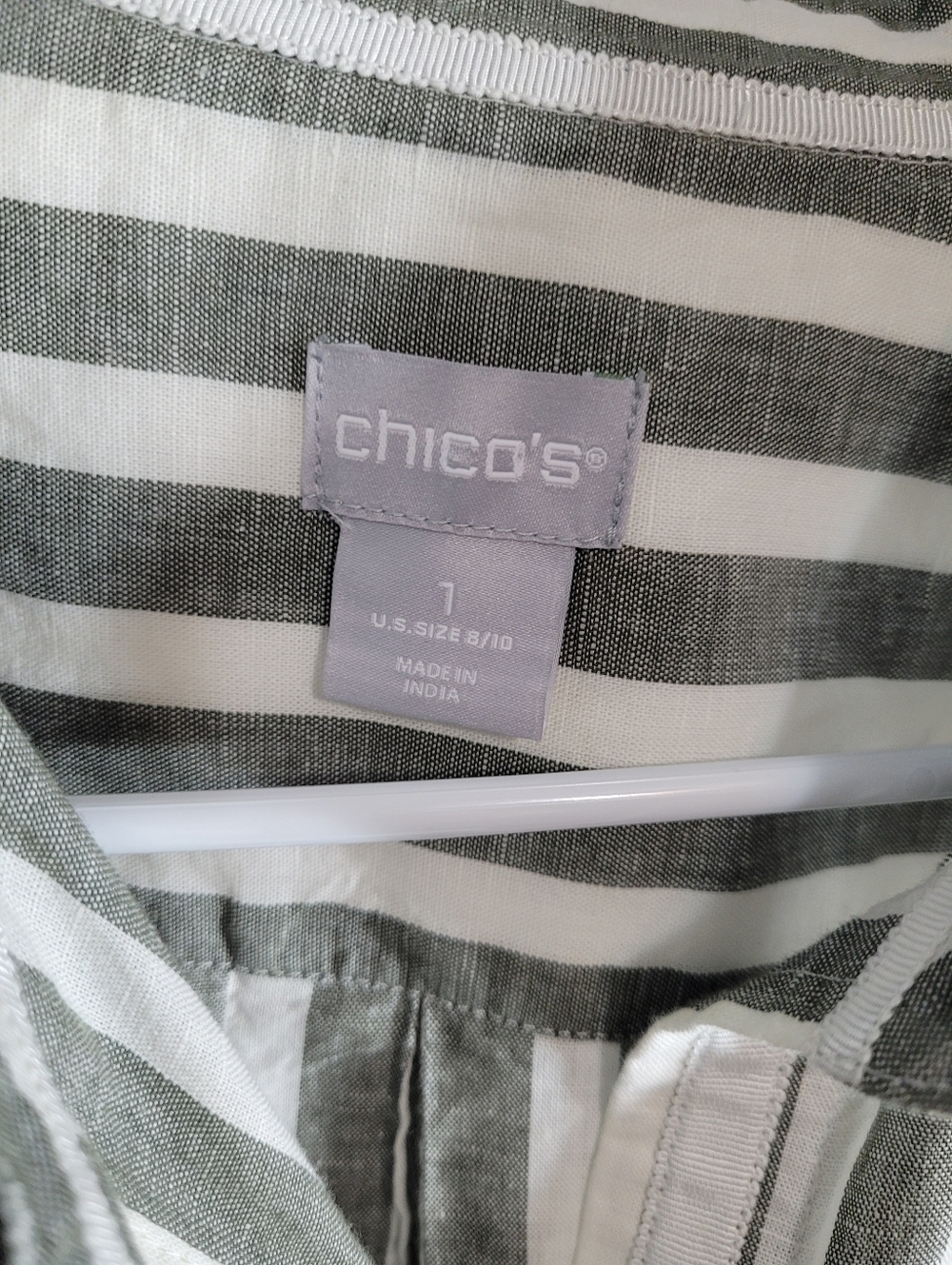 Chicos Linen Blend Maxi Tunic Stripe Skies Top 3/4 Sleeve Tropic Olive Button Up - Picture 7 of 8